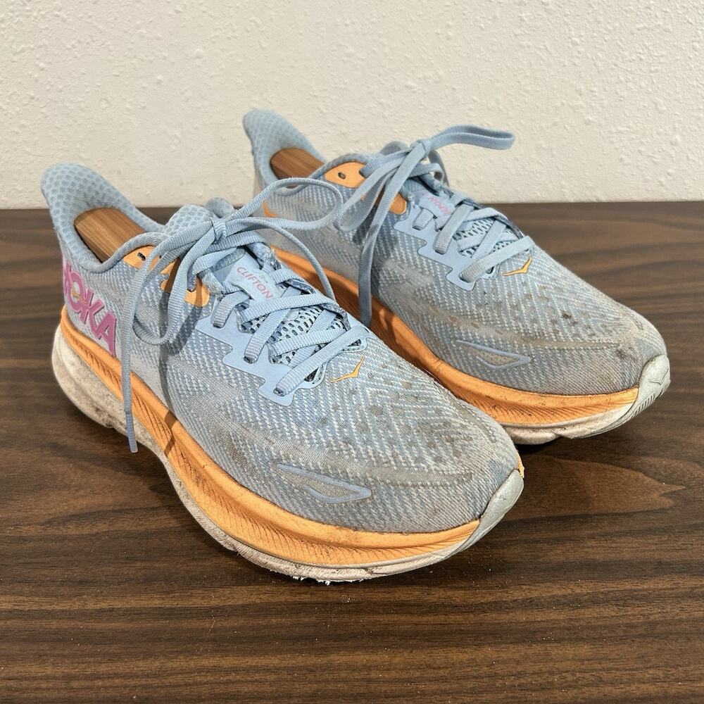 Hoka One One Clifton 9 Women’s 7.5 D Wide Road Running‎ Shoes Airy Blue Peach